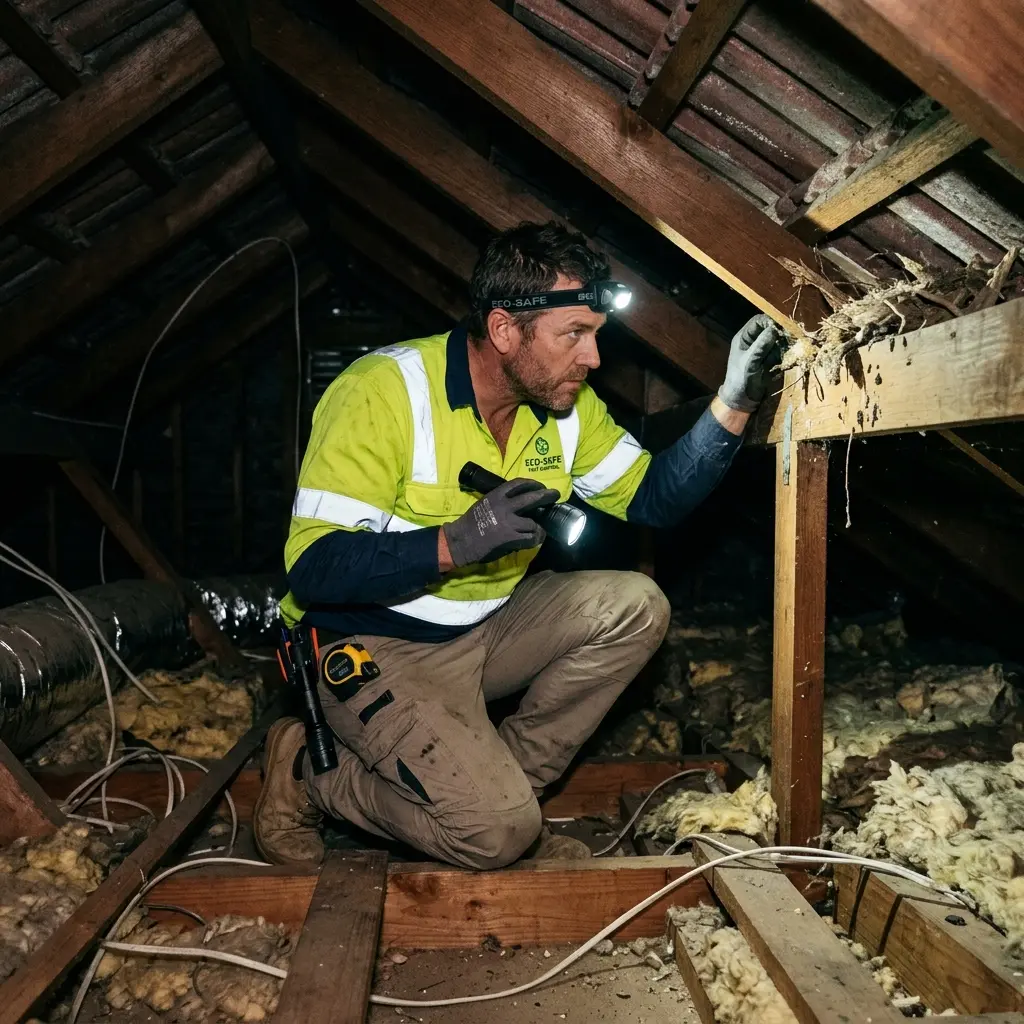 Technician inspecting a Manifold Heights subfloor void for a deceased cat
